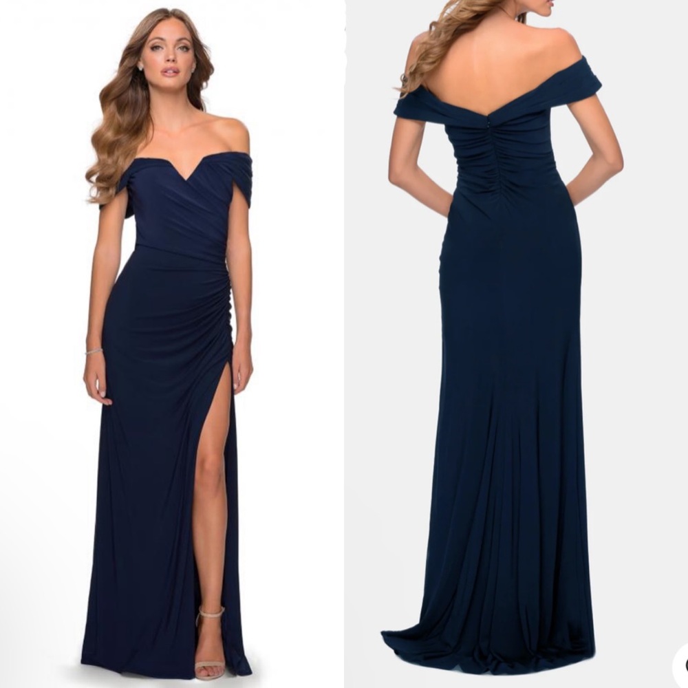 La Femme Off the Shoulder Ruched Floor Length Gown 28389 Navy Blue Size 4 NWT